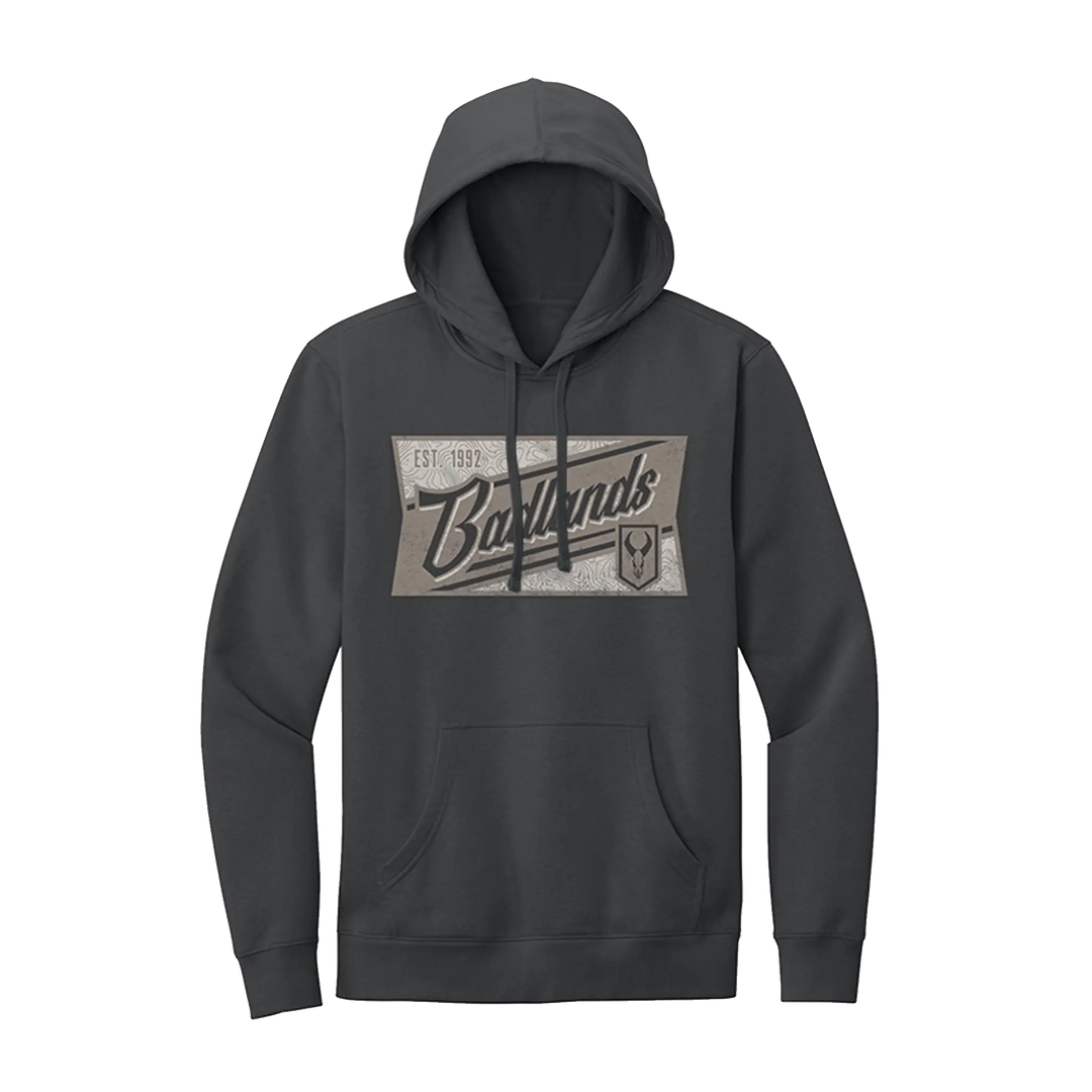 Dark hoodie with "Badlands" text, established 1992, and a Badlands skull logo on the front.