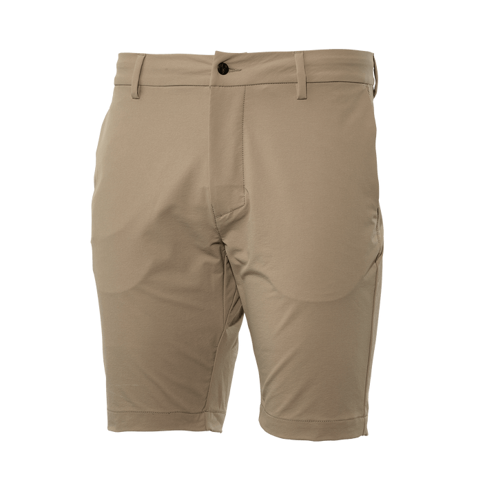 Tan Badlands shorts with belt loops and button closure, featuring a subtle Badlands skull logo for outdoor wear.