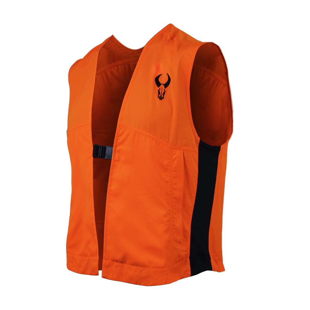 Bright orange hunting vest with black Badlands skull logo on chest, adjustable front buckle, and black side panels.