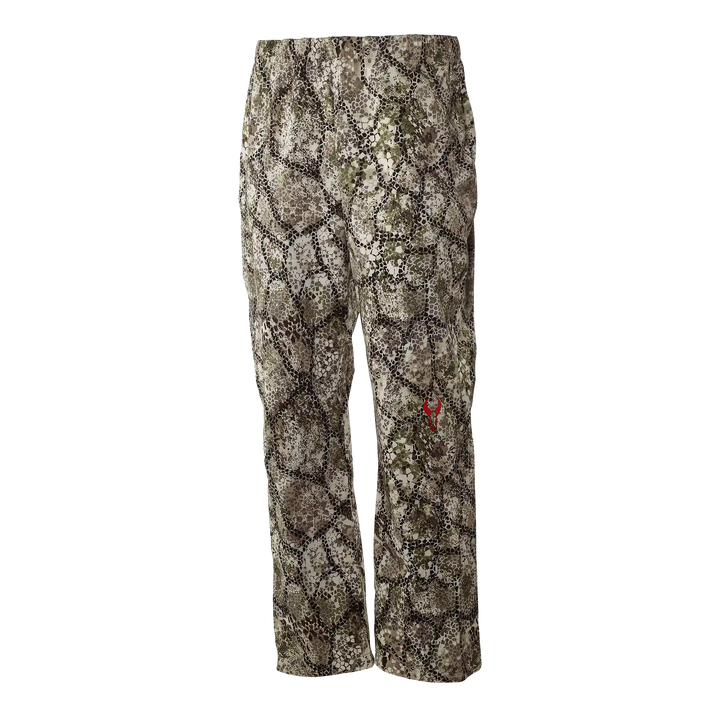 Badlands camo hunting pants with elastic waist and red Badlands skull logo on right leg.