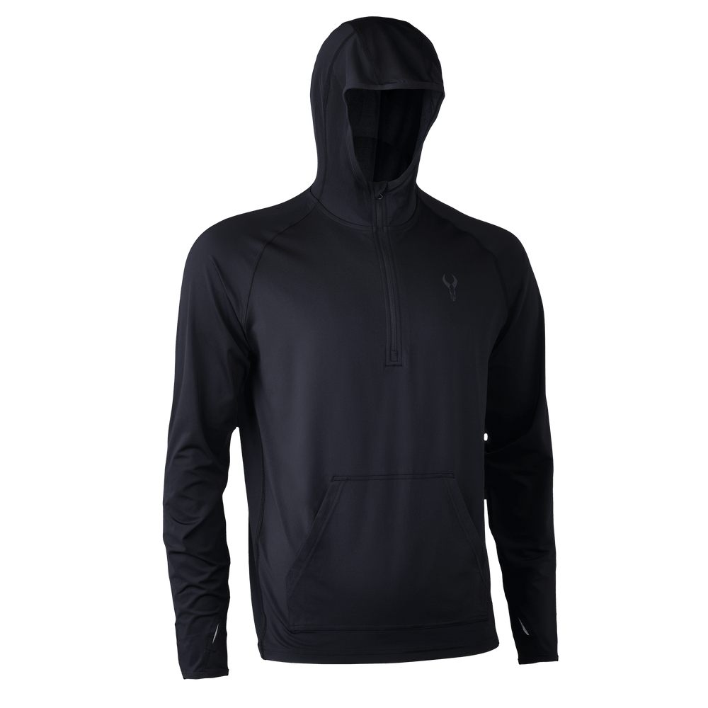 Black Badlands hoodie with front pocket, quarter zip, and subtle skull logo on chest. Hooded, long sleeves.