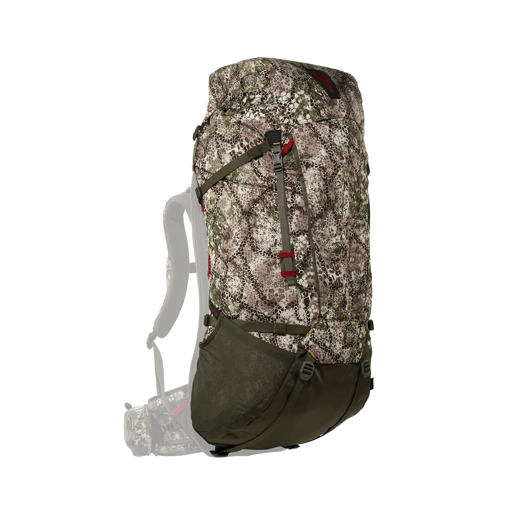 Badlands camo hunting backpack with skull logo, ergonomic straps, and large side pocket, shown on white background.