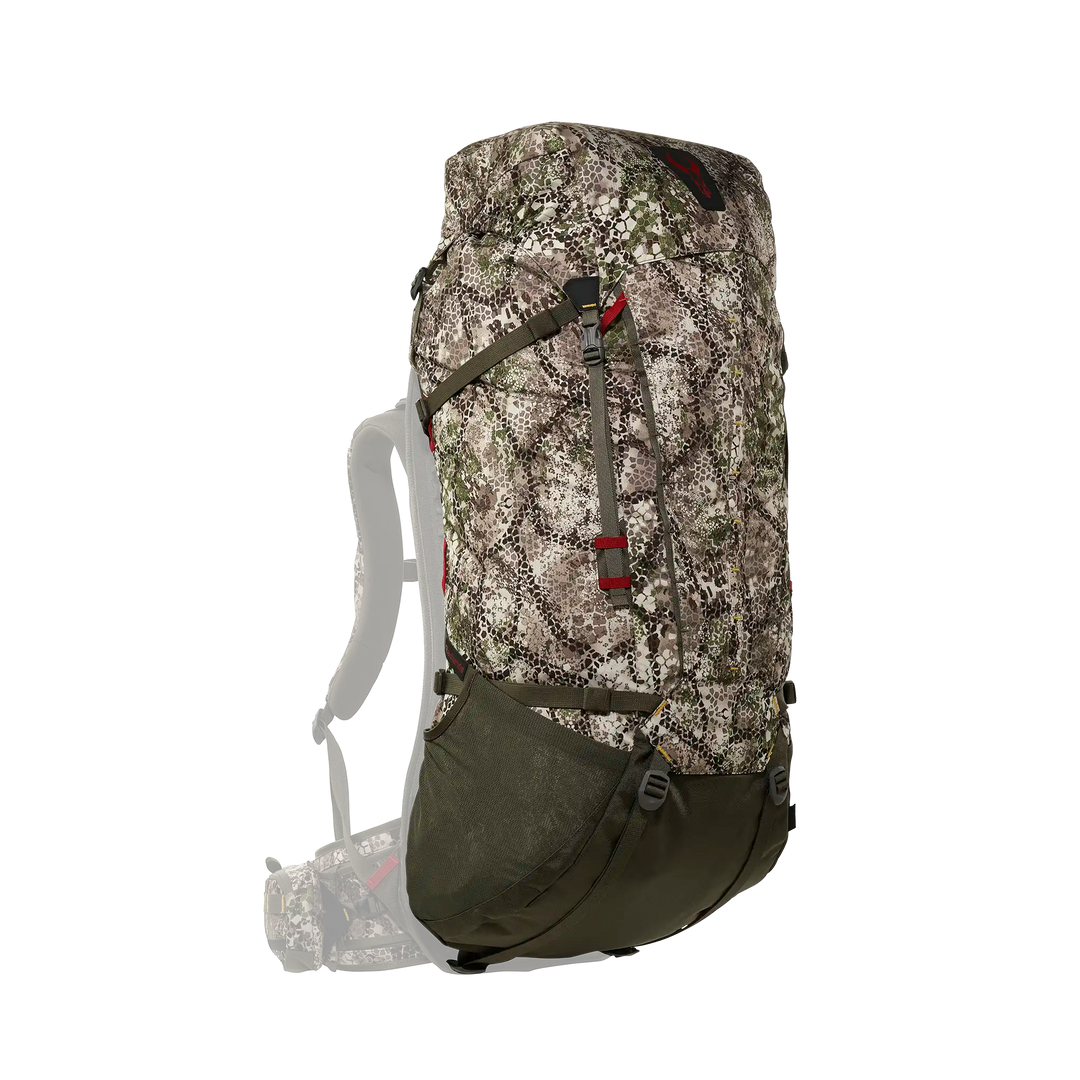 Badlands camo hunting backpack with skull logo, ergonomic straps, and large side pocket, shown on white background.