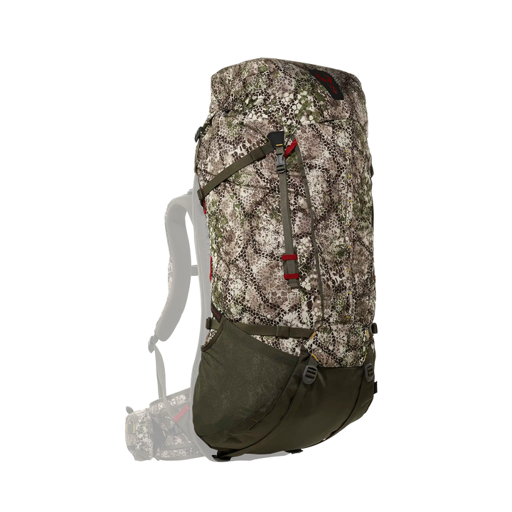 Badlands camo hunting backpack with skull logo, ergonomic straps, and large side pocket, shown on white background.