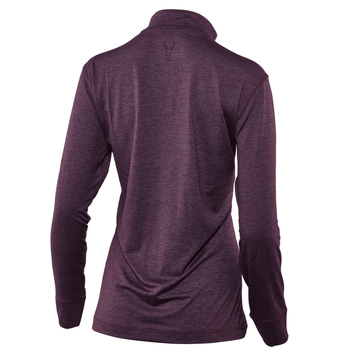 Back view of a purple Badlands women's long-sleeve shirt with skull logo below the collar.