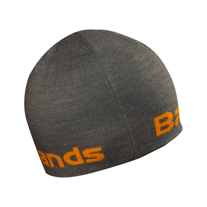 Gray Badlands beanie with orange "Badlands" text and subtle skull logo, shown on a plain background.