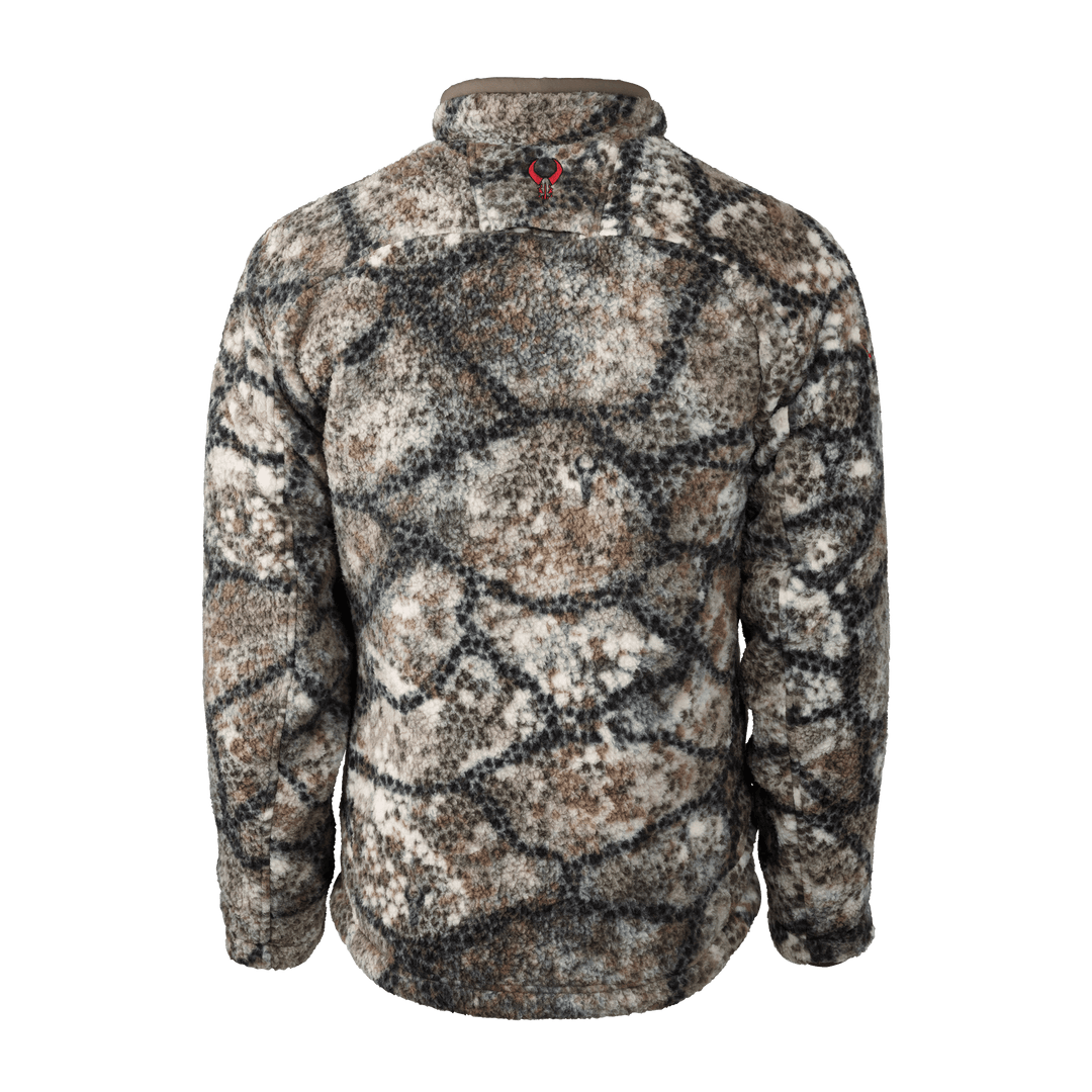 Back view of a Badlands camo fleece jacket with a red Badlands skull logo below the collar.