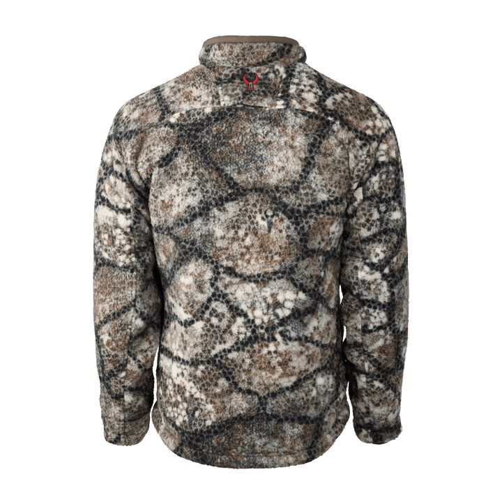 Back view of a Badlands camo fleece jacket with a red Badlands skull logo below the collar.