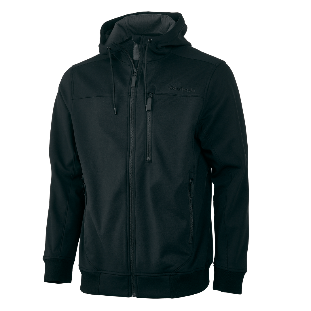 Black Badlands hoodie with zip front, three pockets, and subtle skull logo on chest. Accessible design, outdoor-ready.