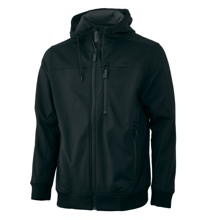 Black Badlands hoodie with zip front, three pockets, and subtle skull logo on chest. Accessible design, outdoor-ready.