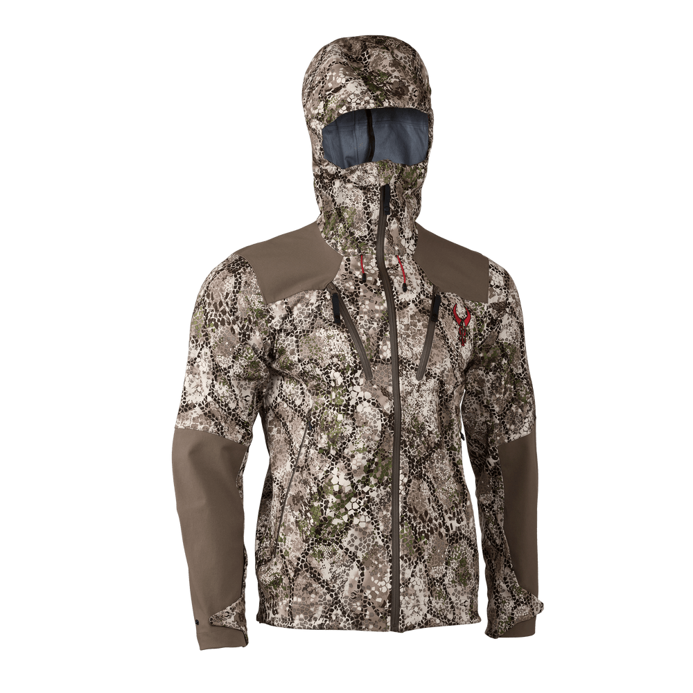 Badlands camo hunting jacket with hood, zip front, and red skull logo on chest.