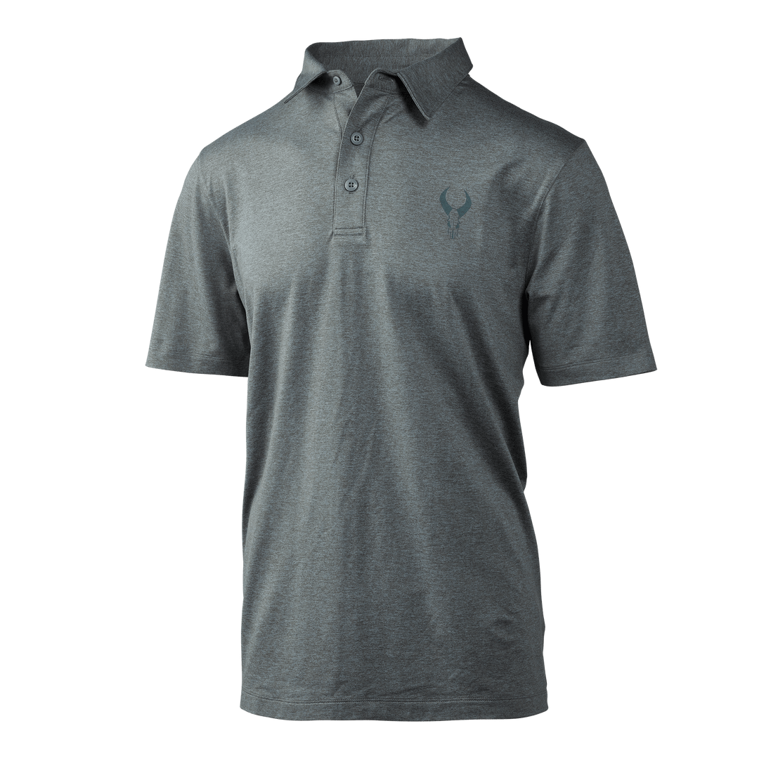 Gray Badlands polo shirt with short sleeves and a subtle Badlands skull logo on the left chest.