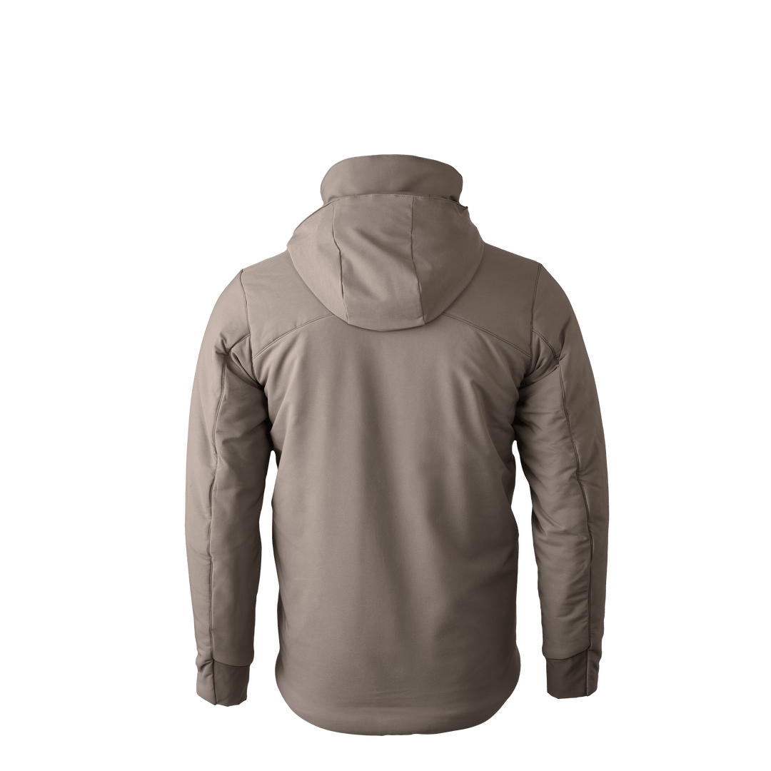 Tan Badlands jacket, back view, with hood. No visible Badlands skull logo. Plain design, ADA-optimized for clarity.
