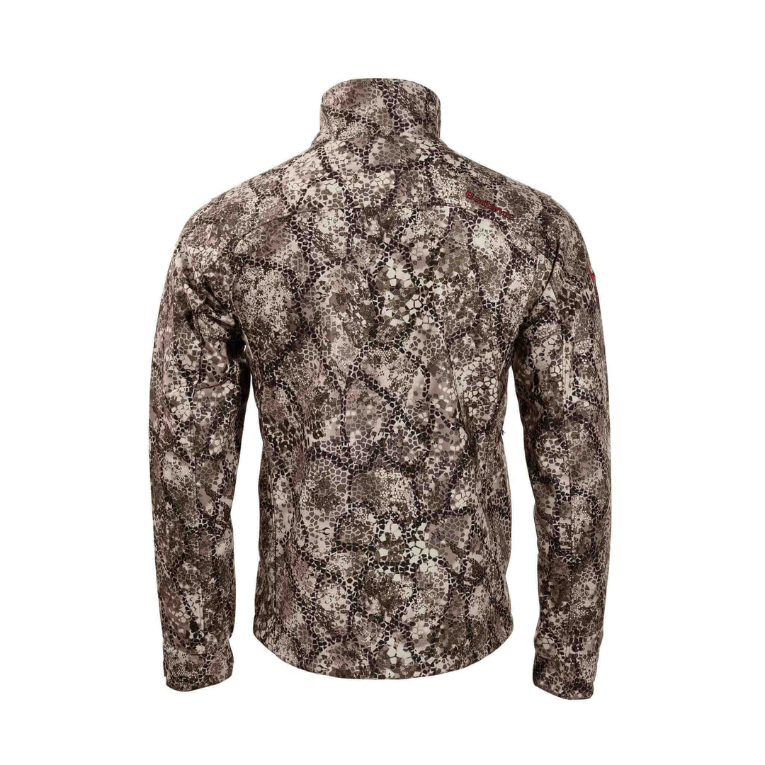 Back view of a Badlands camo jacket with subtle Badlands skull logo on the shoulder, designed for outdoor use.