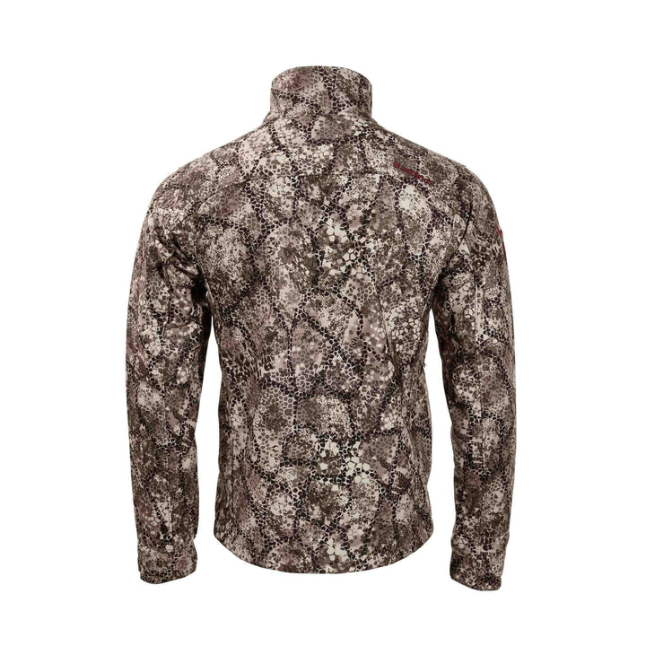 Back view of a Badlands camo jacket with subtle Badlands skull logo on the shoulder, designed for outdoor use.