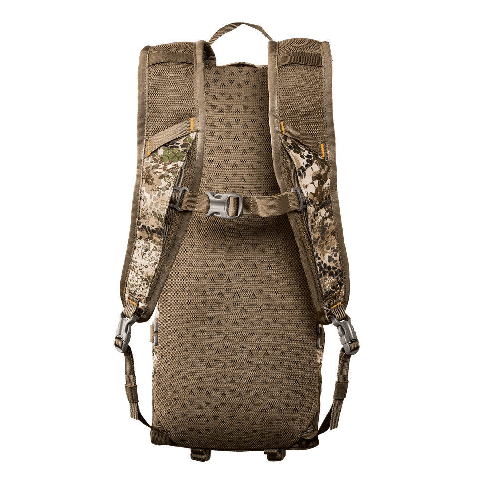 Badlands hunting backpack, tan mesh back panel, camo straps, sternum buckle, and skull logo pattern for ventilation.