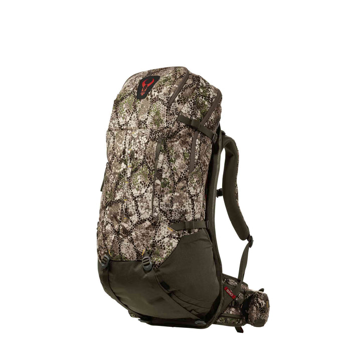 Badlands camo hunting backpack with padded straps and red skull logo on top; ergonomic and spacious design.