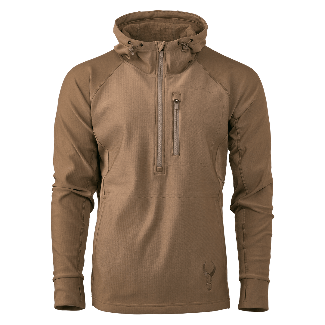 Tan Badlands hoodie with chest zipper, zip pocket, hood, and Badlands skull logo on lower front.