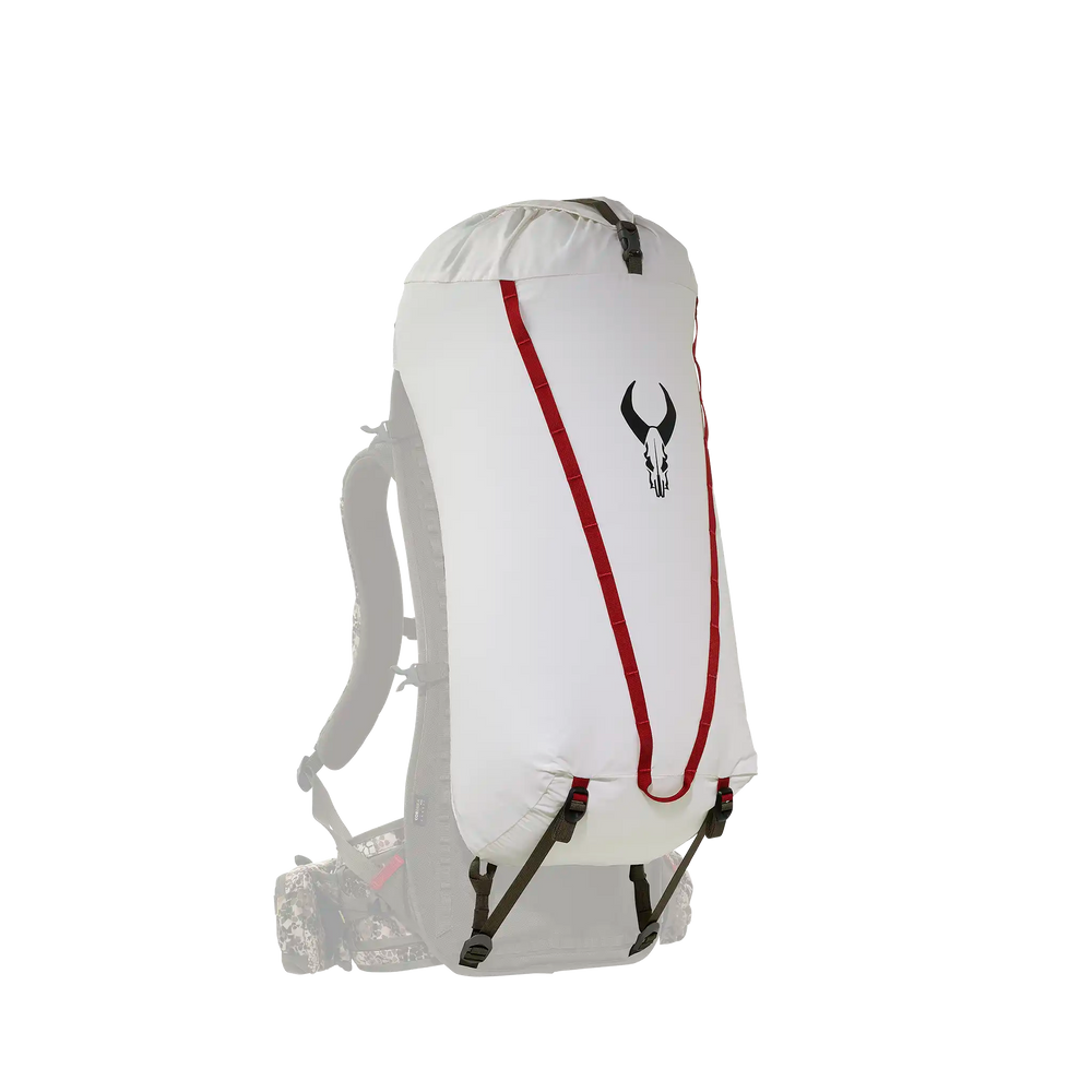 White Badlands pack cover with red accents and skull logo, designed for backpack protection in harsh outdoor conditions.