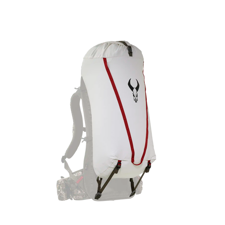 White Badlands pack cover with red accents and skull logo, designed for backpack protection in harsh outdoor conditions.