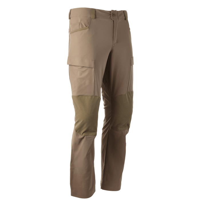 Tan Badlands hunting pants with reinforced knees and cargo pockets, designed for durability and comfort outdoors.