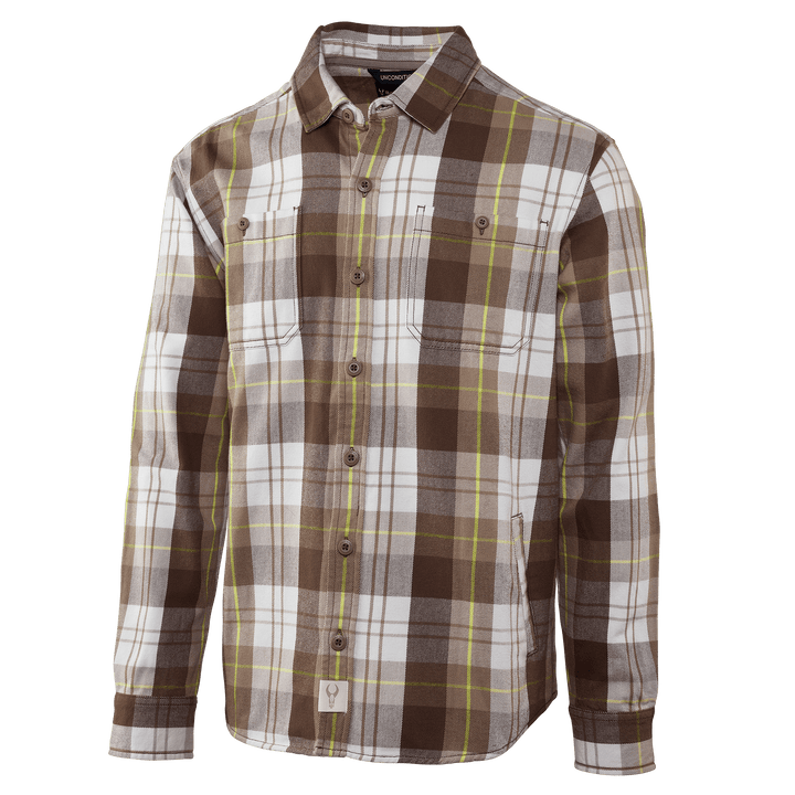 Brown, white, and yellow plaid Badlands flannel shirt with front pockets and skull logo tag at the hem.