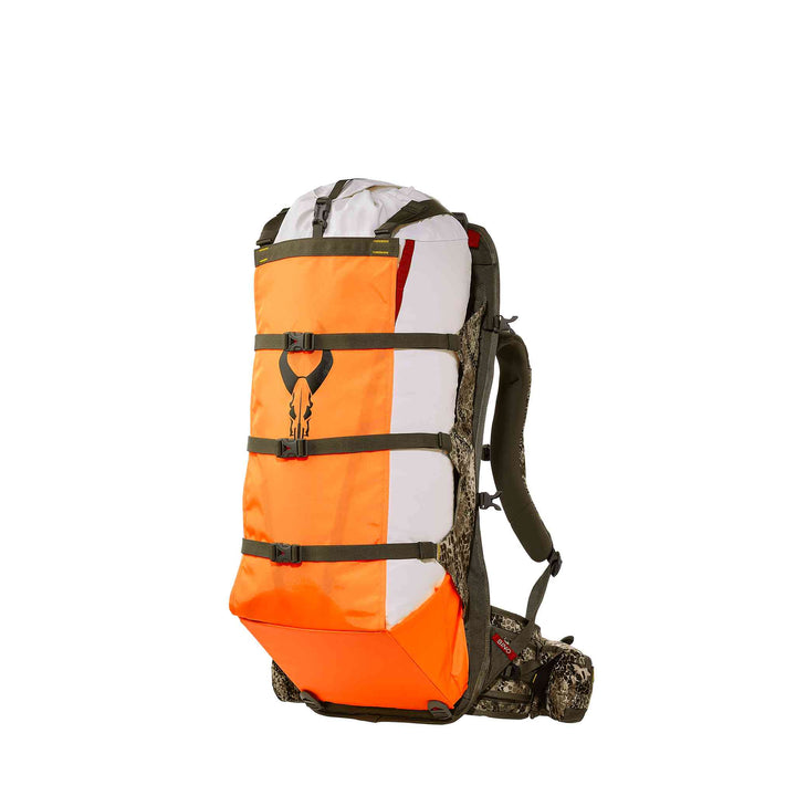 Badlands hunting backpack with orange safety panel and skull logo, ergonomic straps, and camo accents for outdoor use.