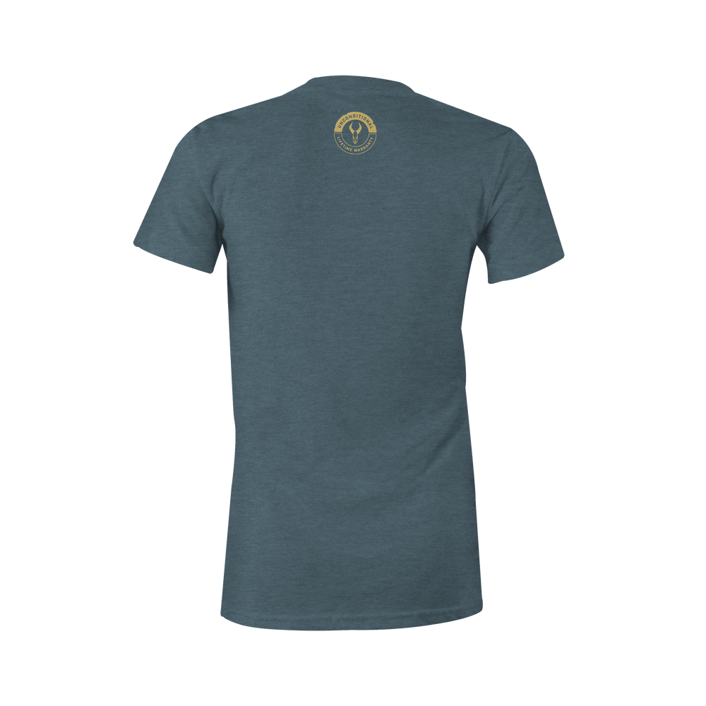 Heather blue t-shirt with a small yellow Badlands skull logo on the upper back, below the collar.