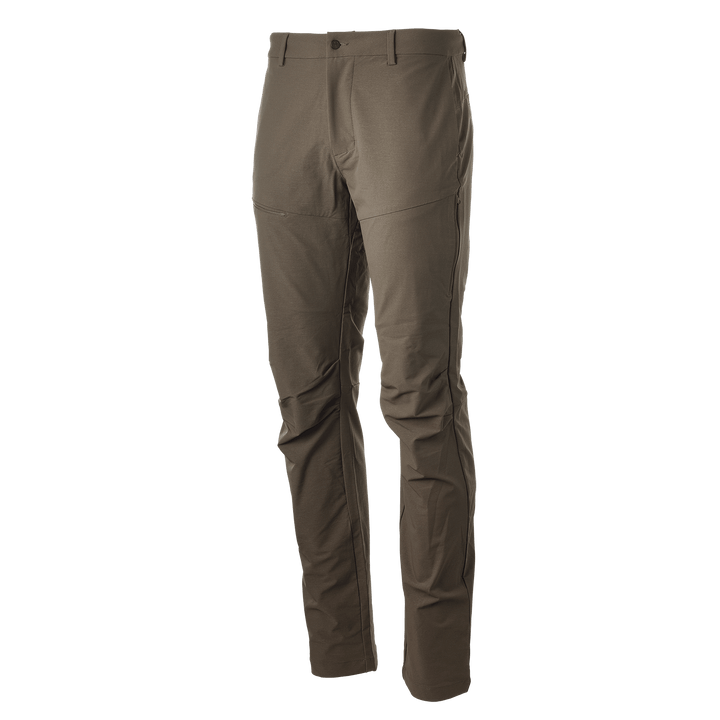 Brown Badlands men's hiking pants with articulated knees and belt loops; features subtle Badlands skull logo.