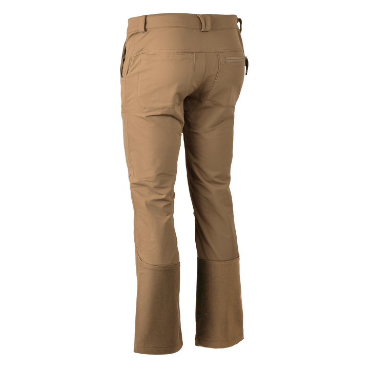 Tan Badlands pants, rear view, reinforced lower legs, zippered pocket, subtle Badlands skull logo.