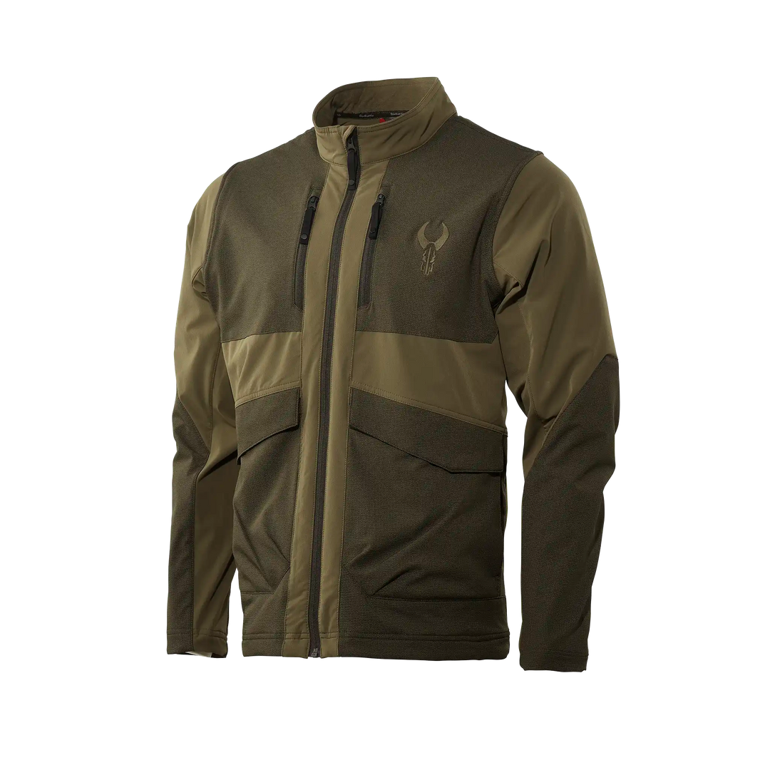 Olive Badlands jacket with zippered pockets and skull logo on chest; designed for outdoor use.