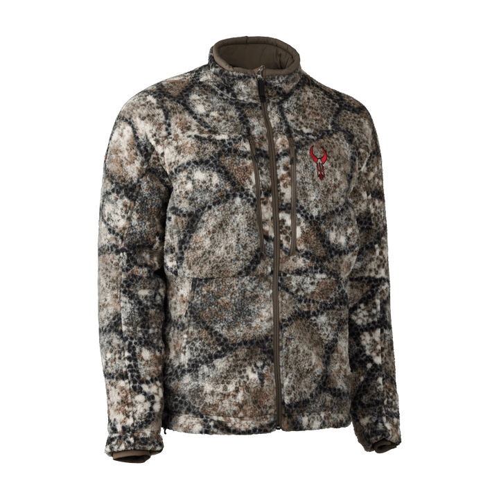 Badlands camo fleece jacket with front zipper, chest pocket, and red Badlands skull logo on the left chest.
