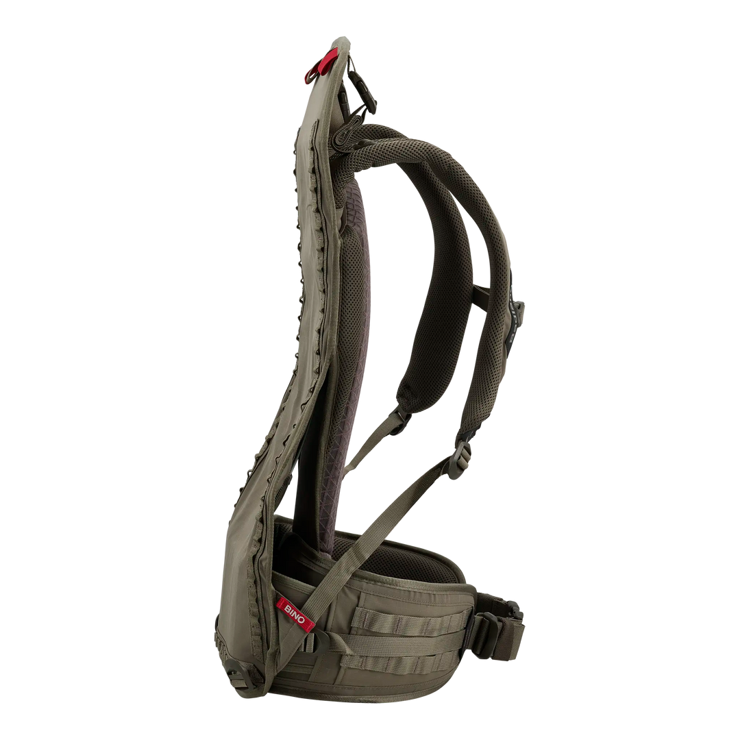 Side view of a Badlands hunting backpack with padded straps and waist belt; Badlands skull logo visible.