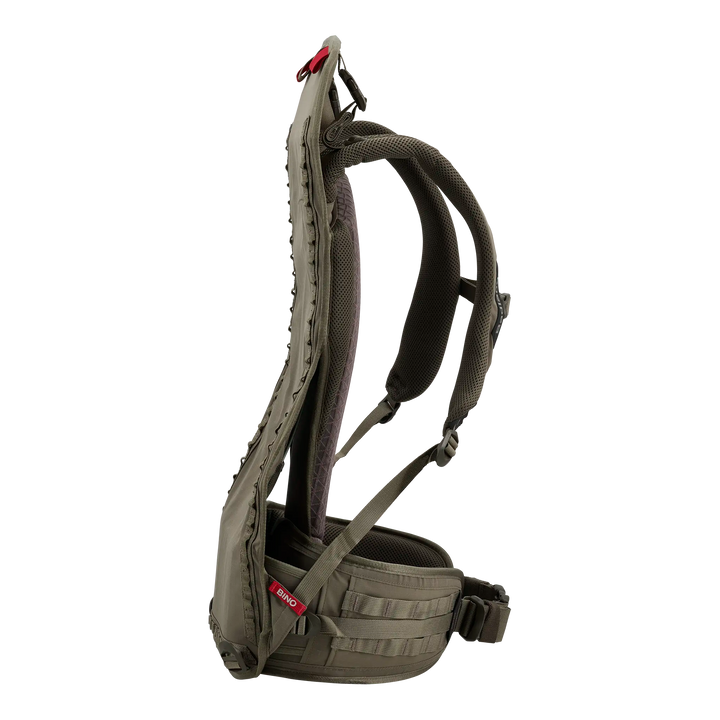 Side view of a Badlands hunting backpack with padded straps and waist belt; Badlands skull logo visible.