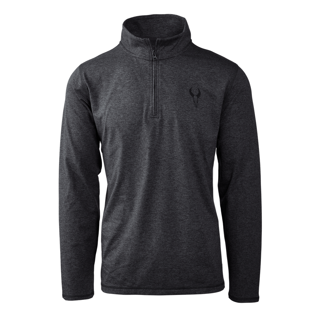 Dark gray Badlands quarter-zip pullover with long sleeves and Badlands skull logo on left chest.