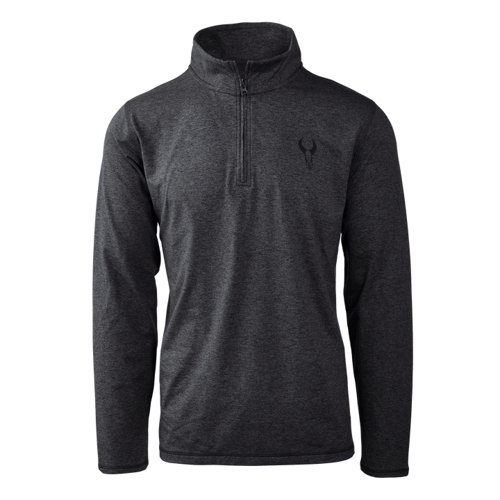 Dark gray Badlands quarter-zip pullover with long sleeves and Badlands skull logo on left chest.