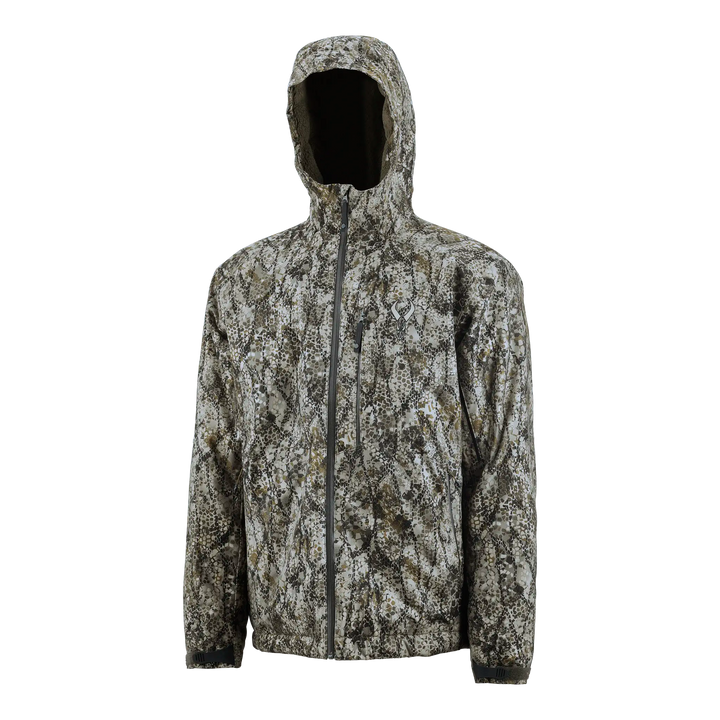 Badlands camo jacket with hood and front zipper; features Badlands skull logo on chest.
