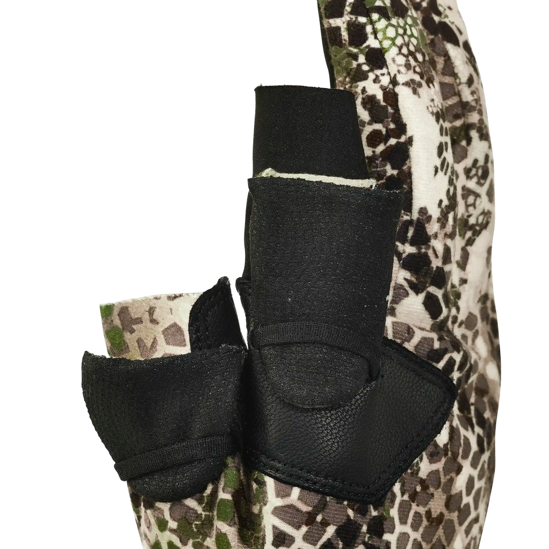 Badlands camo glove with open finger slots and skull logo, designed for dexterity during outdoor activities.