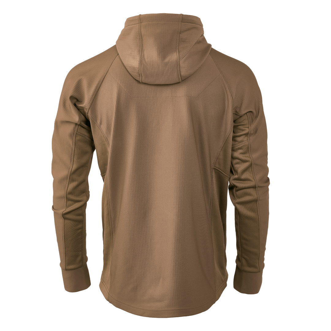 Back view of a tan Badlands hoodie with long sleeves and hood, featuring ergonomic seams. Badlands skull logo not visible.