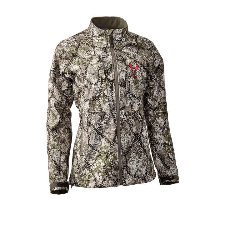 Women's camo jacket with Badlands skull logo on chest, full zip front, and adjustable cuffs.