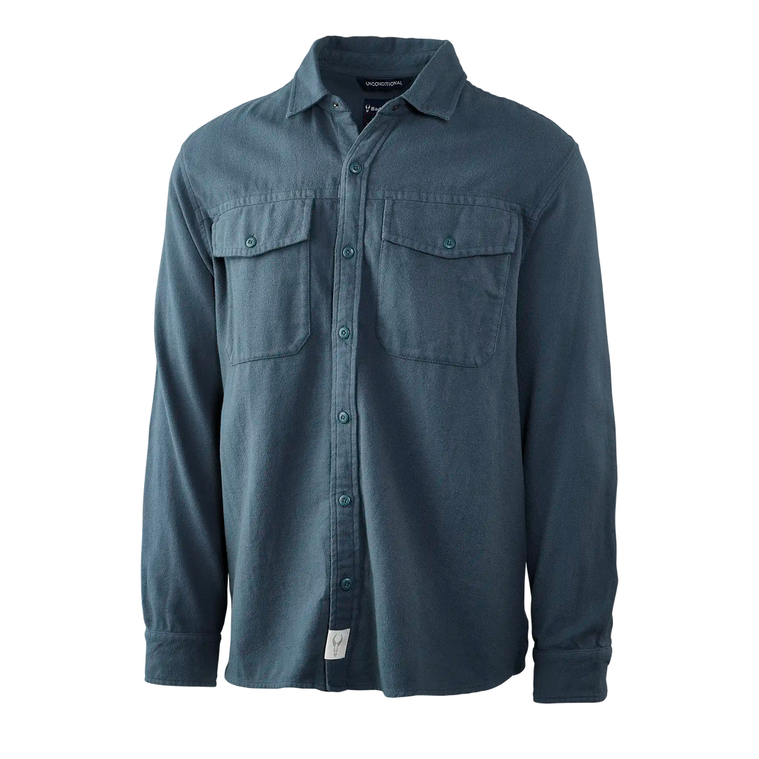 Long-sleeve blue Badlands shirt with two chest pockets and Badlands skull logo tag at the hem.