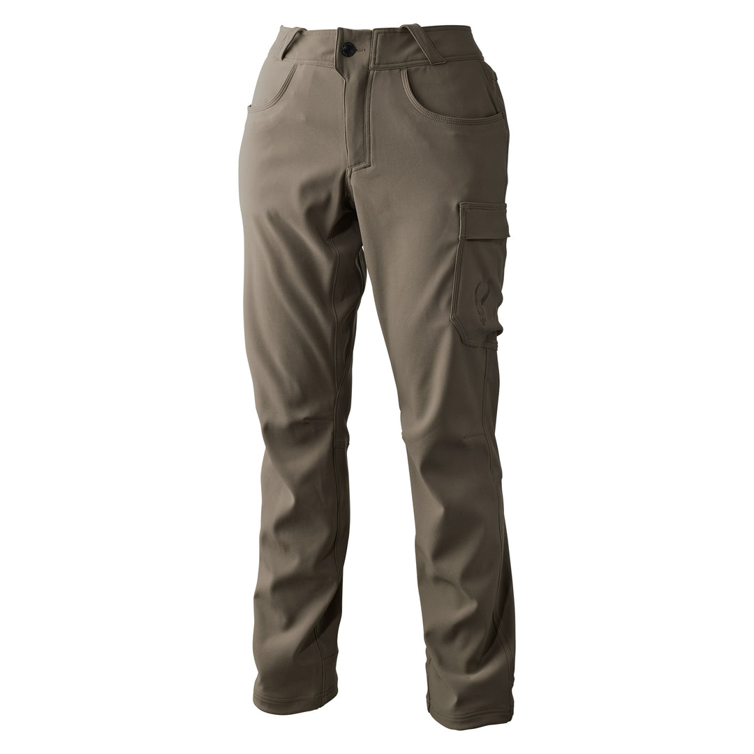 Khaki Badlands pants with cargo pocket and skull logo, designed for outdoor use. Accessible, durable, and functional style.