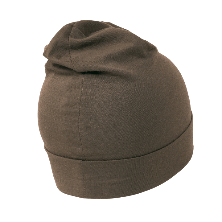 Brown Badlands beanie with a subtle skull logo, shown from the back. Simple, seamless design for outdoor use.