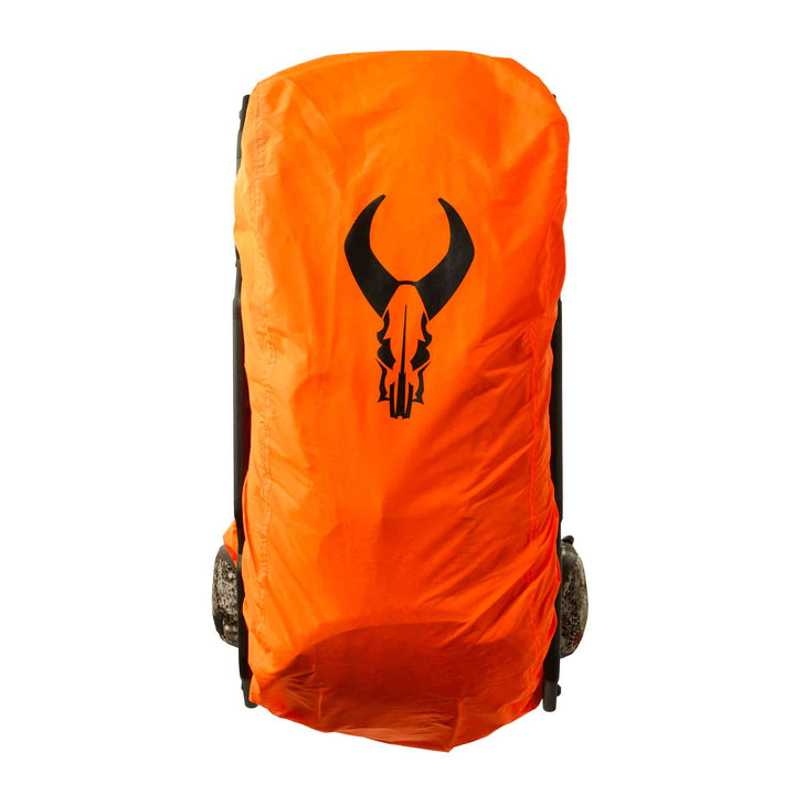 Bright orange Badlands backpack cover with black skull logo, shown against a white background for high visibility.
