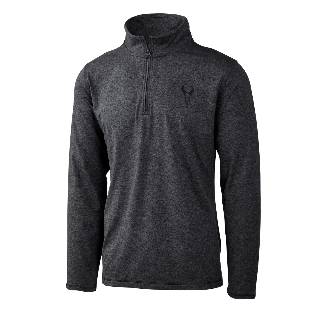 Dark gray Badlands quarter-zip pullover with long sleeves and Badlands skull logo on the left chest.