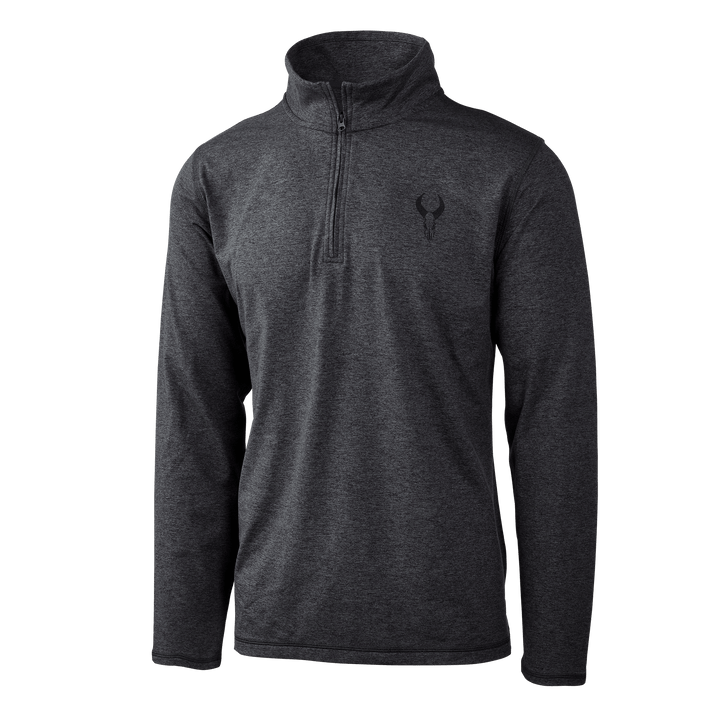 Dark gray Badlands quarter-zip pullover with long sleeves and Badlands skull logo on the left chest.