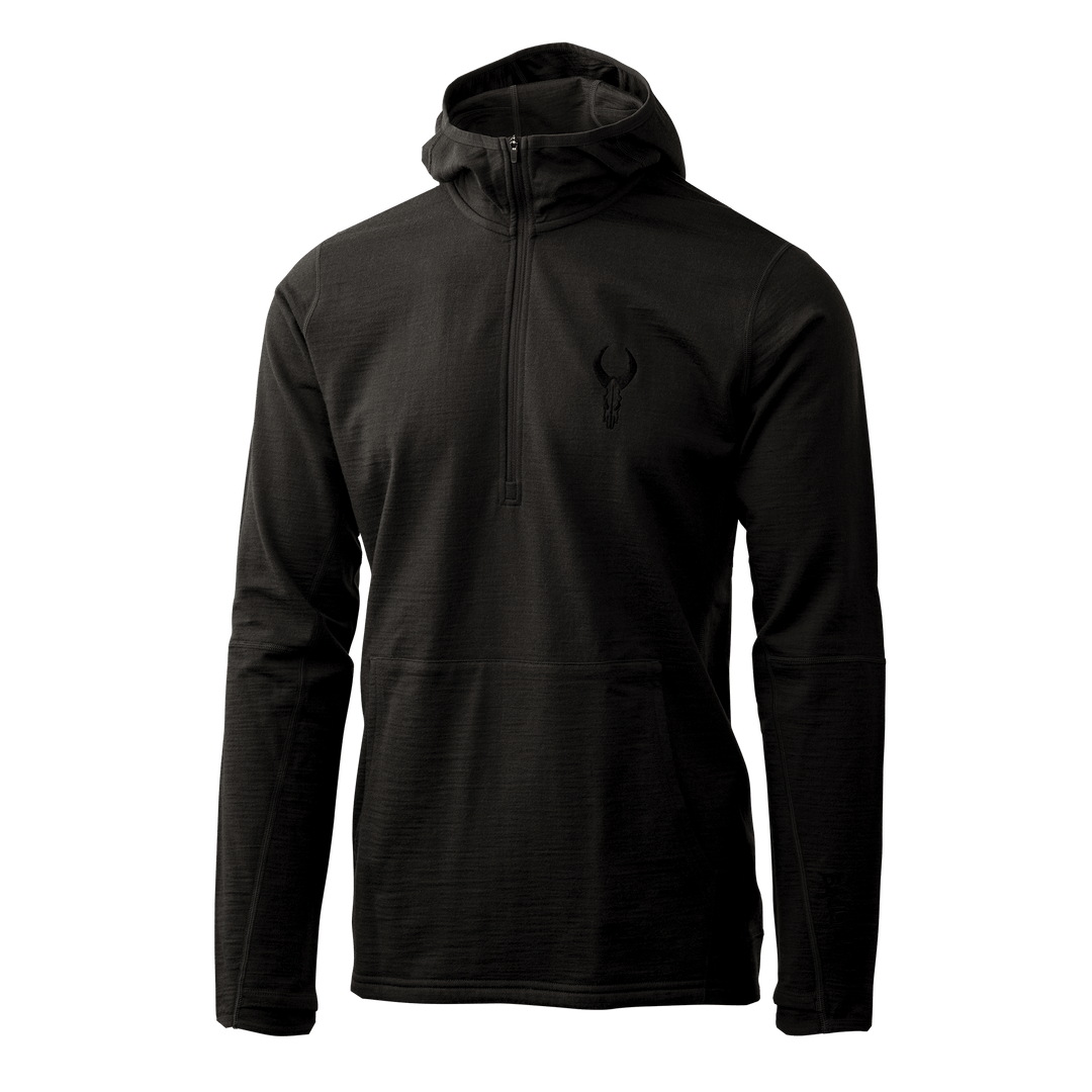 Black Badlands hoodie with quarter-zip, front pocket, and embroidered Badlands skull logo on chest.
