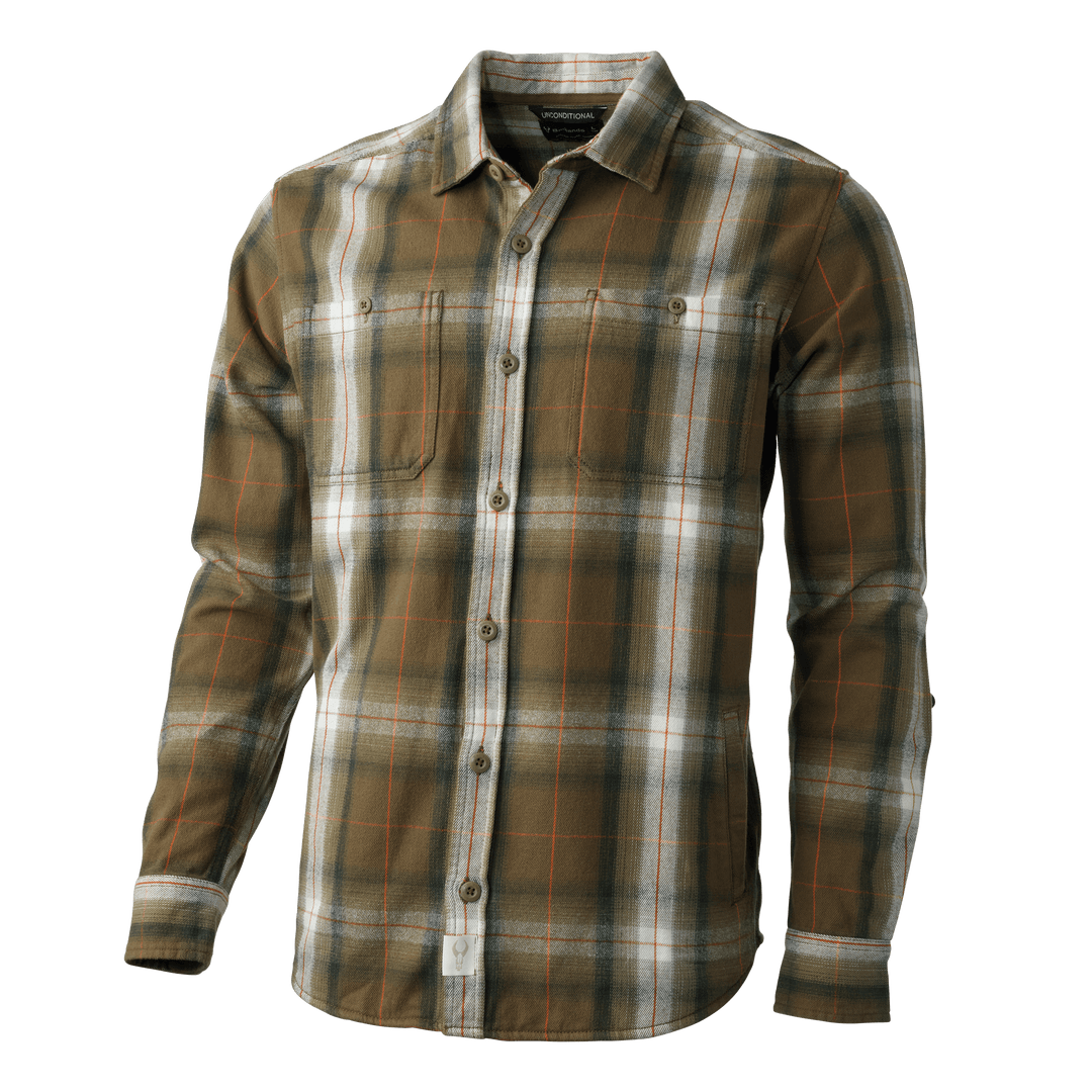 Olive plaid Badlands shirt with long sleeves, button front, chest pockets, and skull logo tag at the hem.