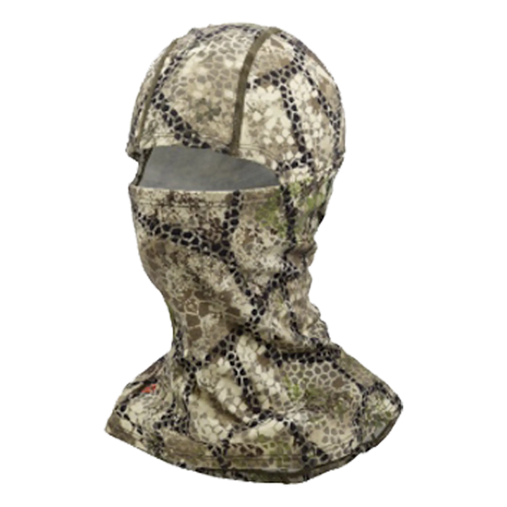 Badlands camo balaclava with skull logo, full head and neck coverage, single eye opening, lightweight and breathable.