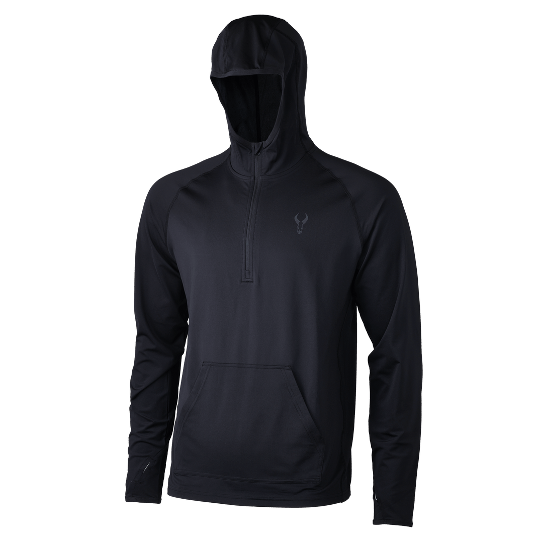 Black Badlands hoodie with front pocket, quarter-zip, and Badlands skull logo on chest. Long sleeves, hooded design.